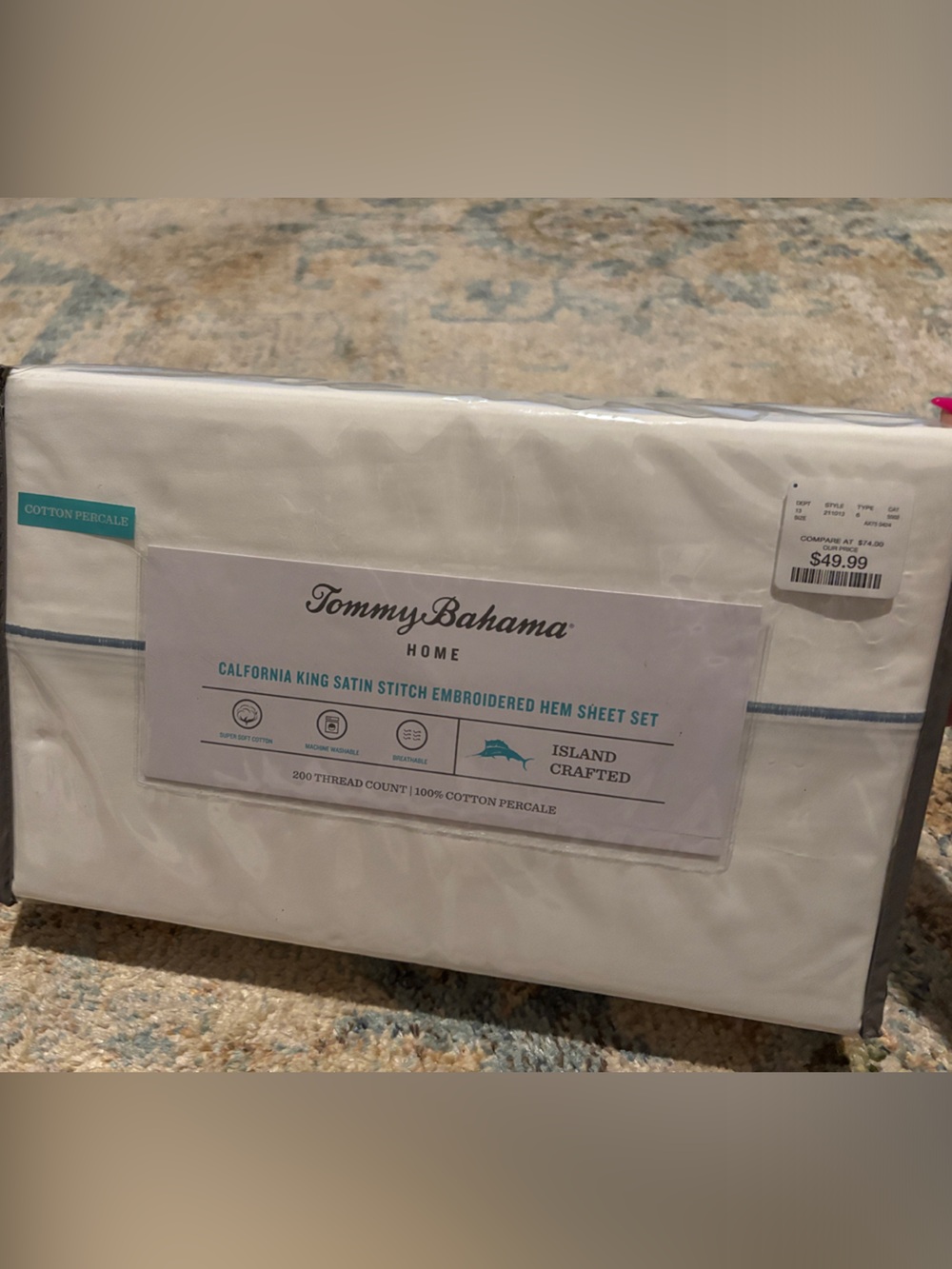 Tommy Bahama White Sheet Set with Light Blue Embroidered Trim